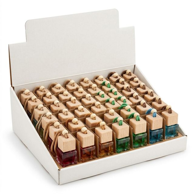 Hanging Glass Car Air Freshener Diffuser Bottles w/ Wood Cap (50 Ct / Counter Box)