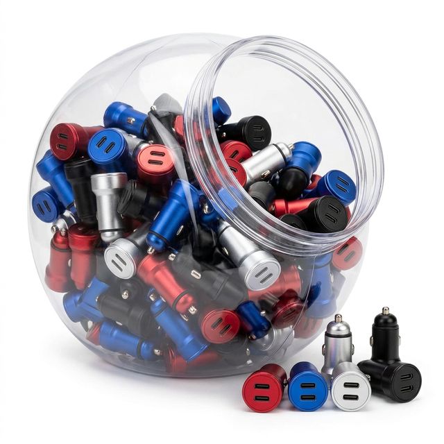 Dual-Port PD/QC3.0 Metal Ring Fast Car Charger Counter Jar (50 Ct / Fishbowl Jar)