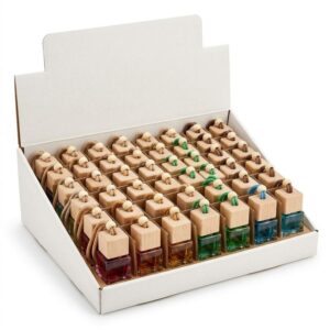 Hanging Glass Car Air Freshener Diffuser Bottles w/ Wood Cap (50 Ct / Counter Box)
